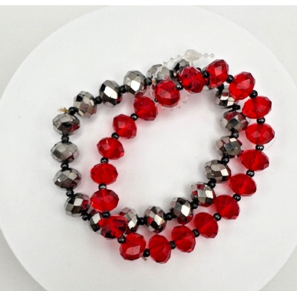 Vintage 90s Red/Silver Tone Faceted Beaded Stretch Bracelet Women's Jewelry